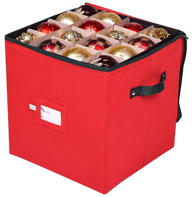 Primode Christmas Ornament Storage Box, 4 Individual Trays Xmas Storage Container, Fits 64 Ornaments Decoration Balls, Constructed of Durable Polyester Material (Red) - Image 2